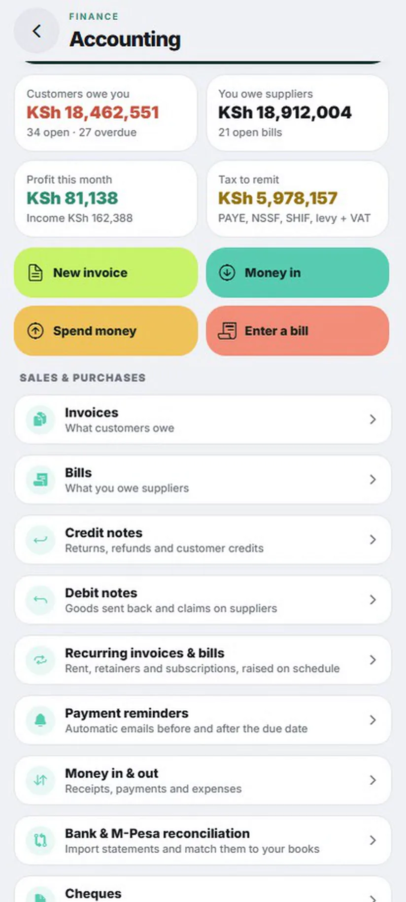 Zyra Accounting home showing what customers owe, profit and tax to remit