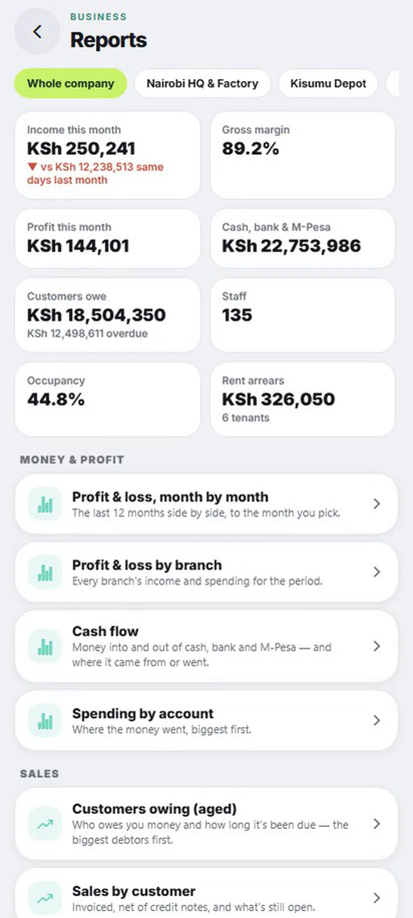 Zyra Business Reports: income, gross margin, profit, cash and M-Pesa, customers owing, staff and occupancy
