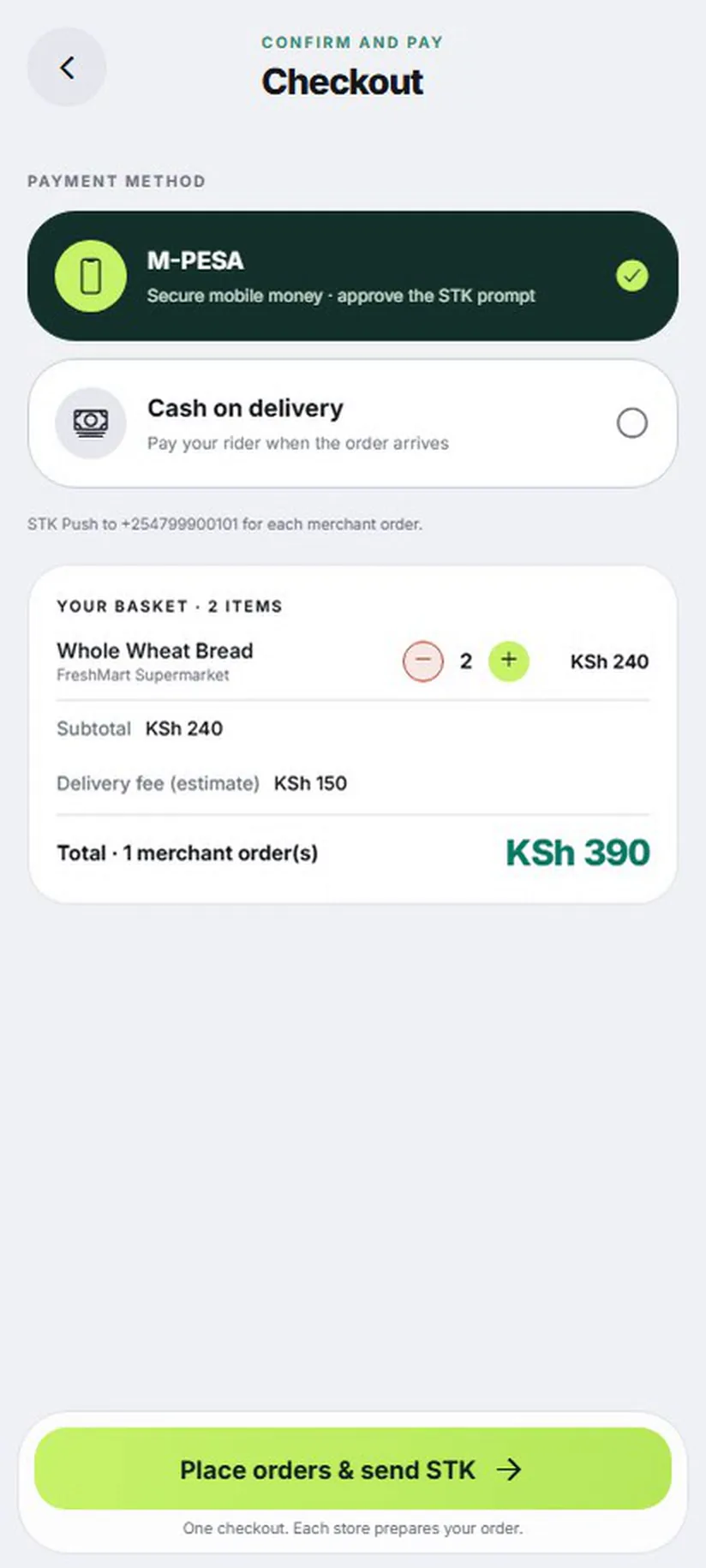 Zyra checkout with M-PESA selected as the payment method, total KSh 390