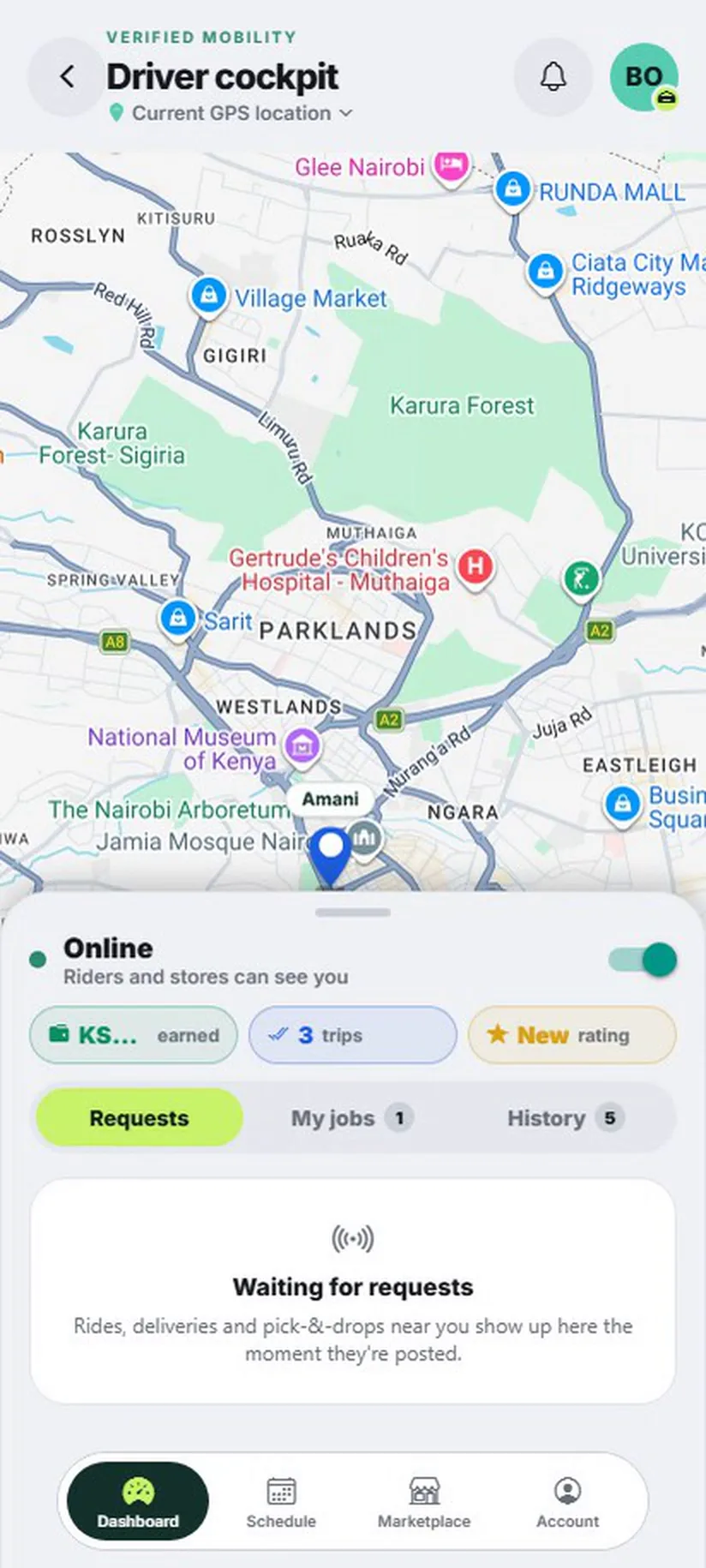 Zyra driver dashboard showing the driver online with nearby requests
