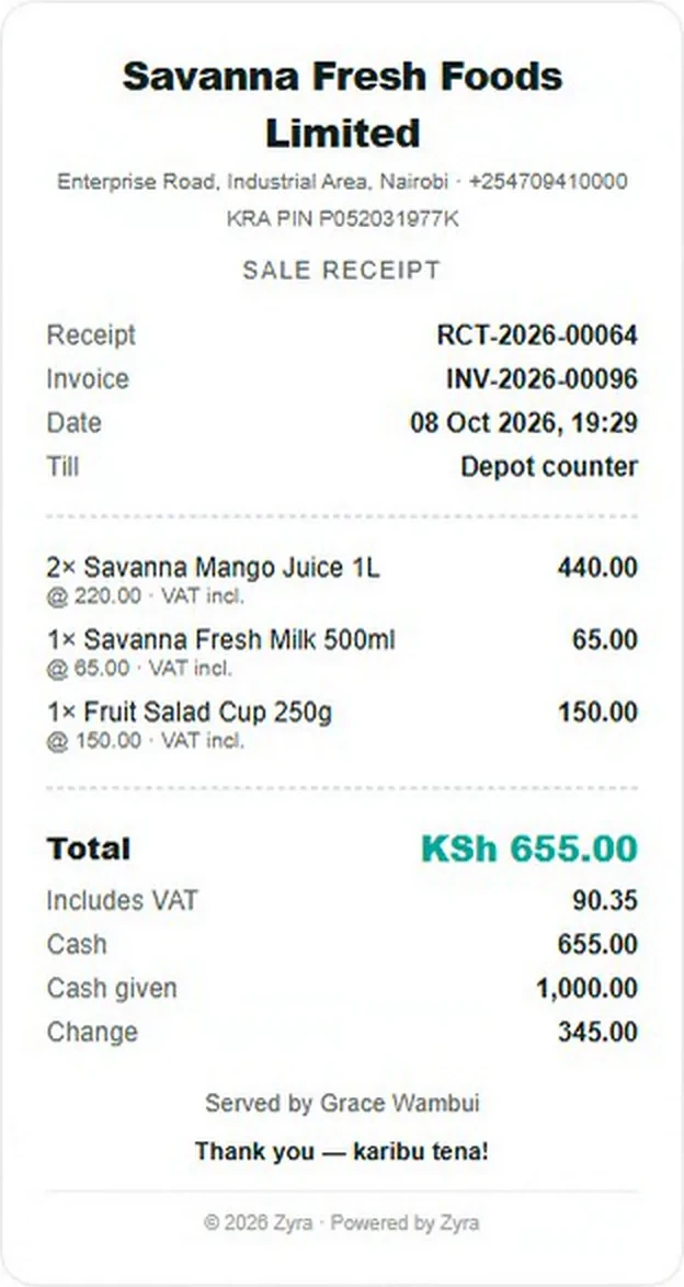 A Savanna Fresh Foods sale receipt from Zyra: KSh 655.00 total including VAT of KSh 90.35