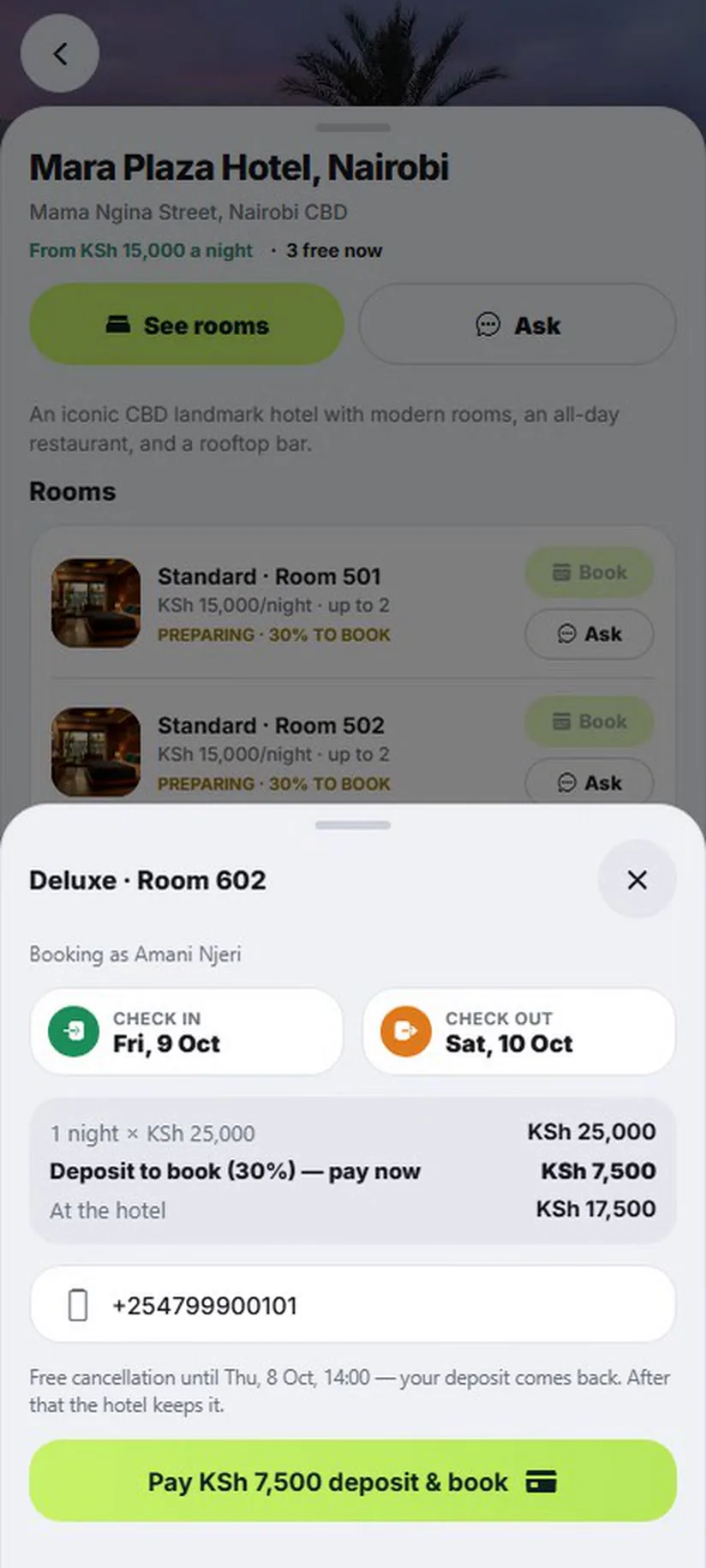 Booking a Deluxe room on Zyra with a 30% deposit paid by M-Pesa