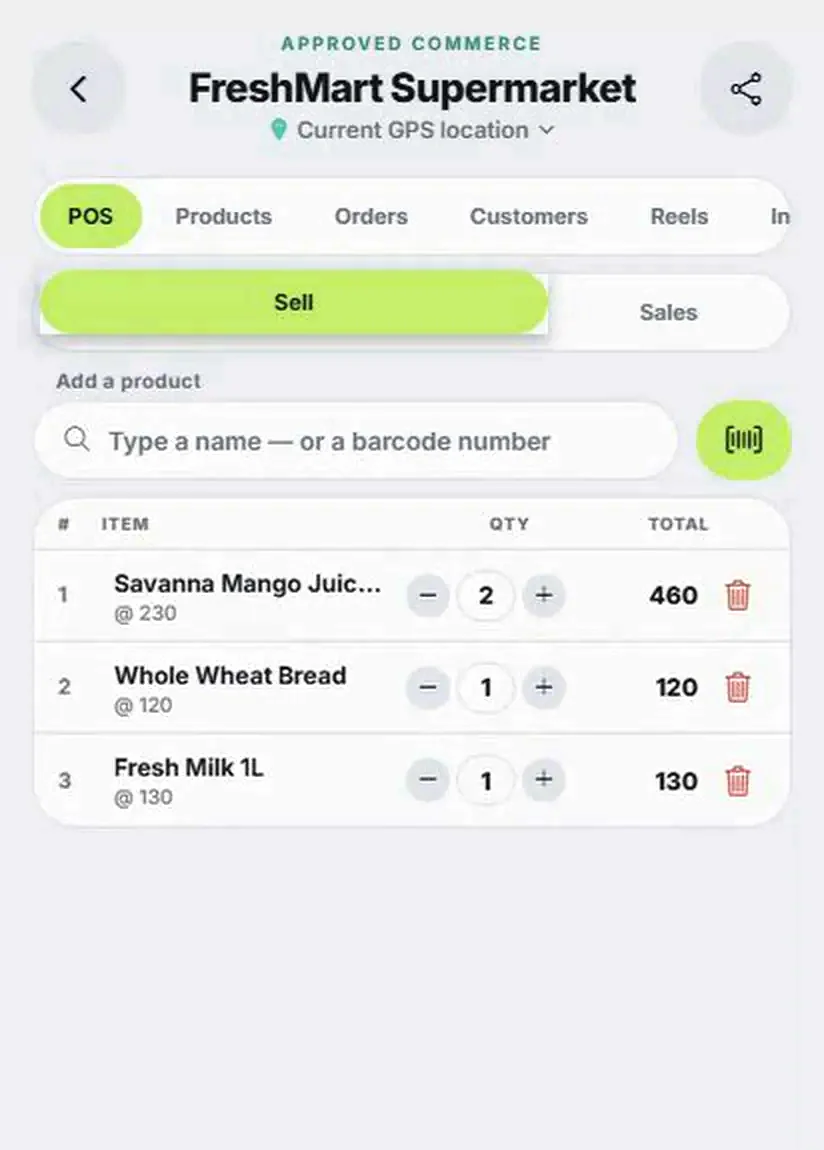 Zyra shop till at FreshMart Supermarket with three items in the current sale