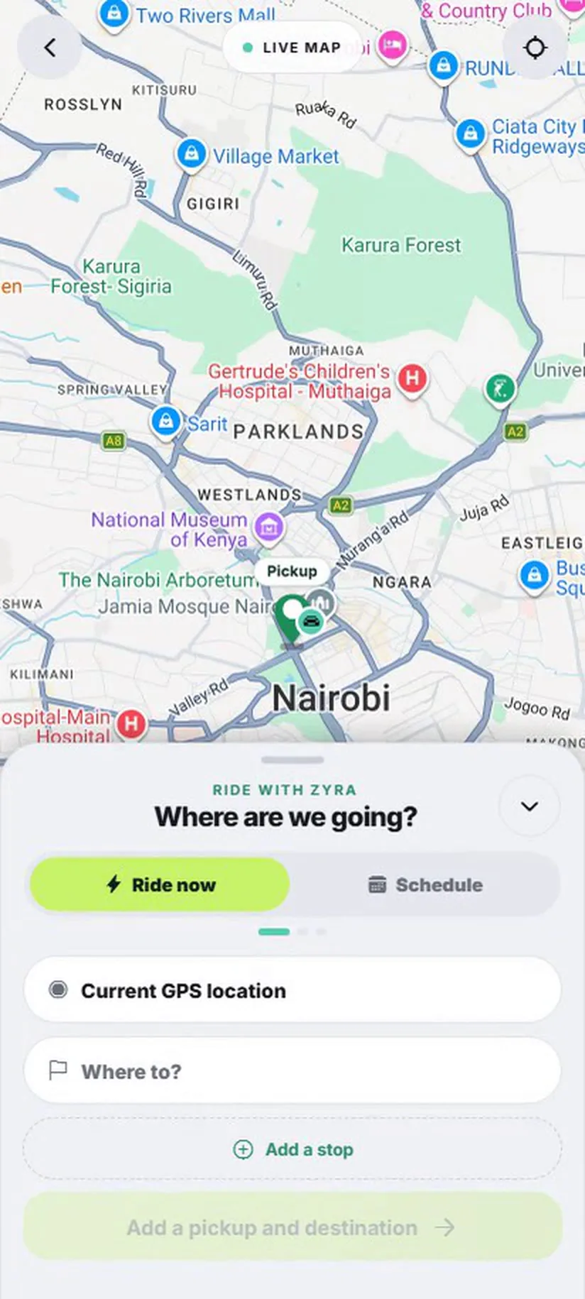Zyra ride home screen asking 'Where are we going?' over a Nairobi map
