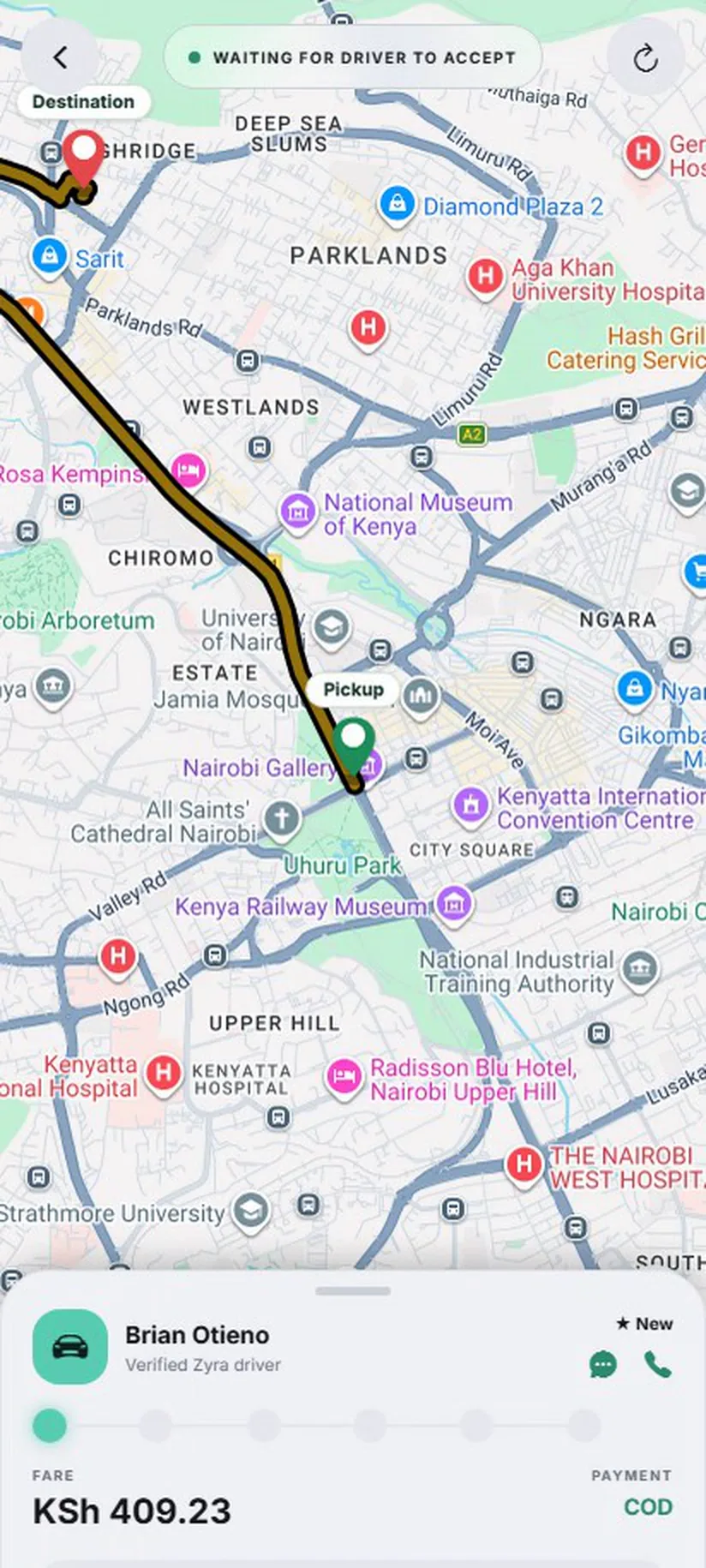 A live Zyra ride with the route across Nairobi and driver Brian Otieno on the way
